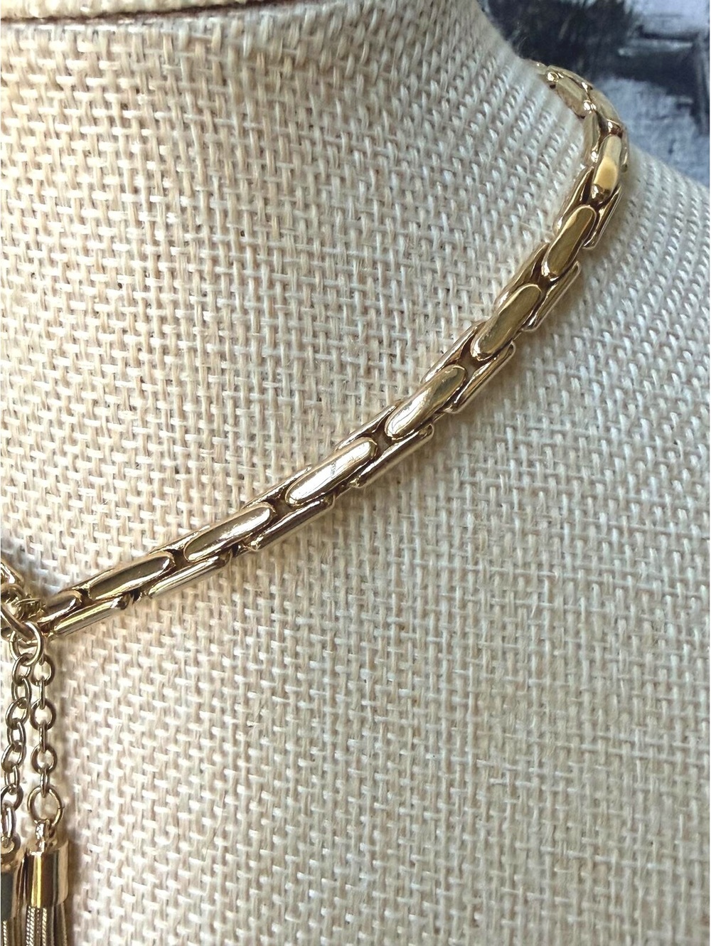 WHBM Gold Tone Chain Tassel Lariat Collar Necklace 12" - Picture 2 of 6